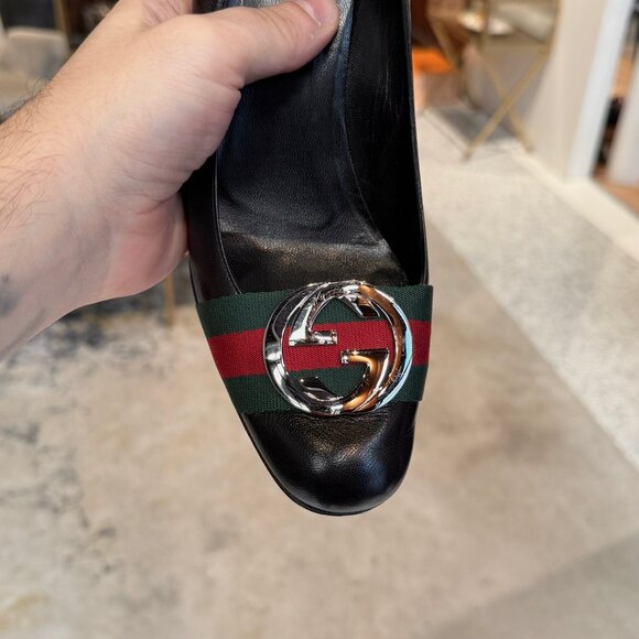 Gucci Black Leather Web Stripe Interlocking GG Pumps - Picture 11 of 13